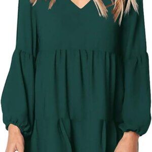 Bohemian Green Long Sleeve Tiered Dress V Neck Small - 0424
